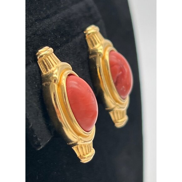 Vintage Monet Gold-Tone Clip-On Earrings With Red Oval Faux Coral Stone Design - Picture 3 of 6